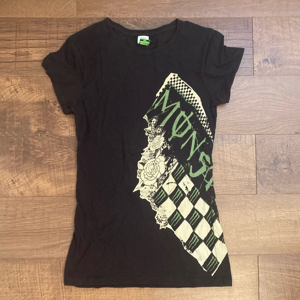Monster Energy Y2K Rose Racing Checkered Graphic T-Shirt Moto Grunge Juniors L